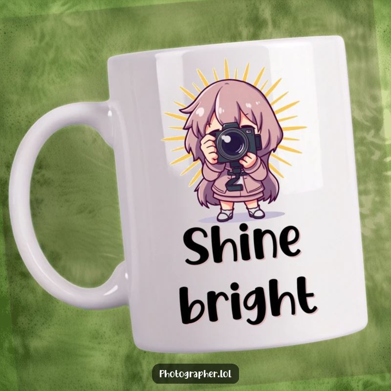 Funny photographer mug, a character posing dramatically with a camera, a bright starburst behind them, conveying artistic power.