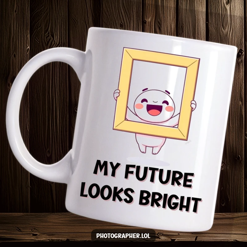 Funny Mug: Kawaii character joyfully holds a massive, colorful photo frame above its head, ready to capture memories.