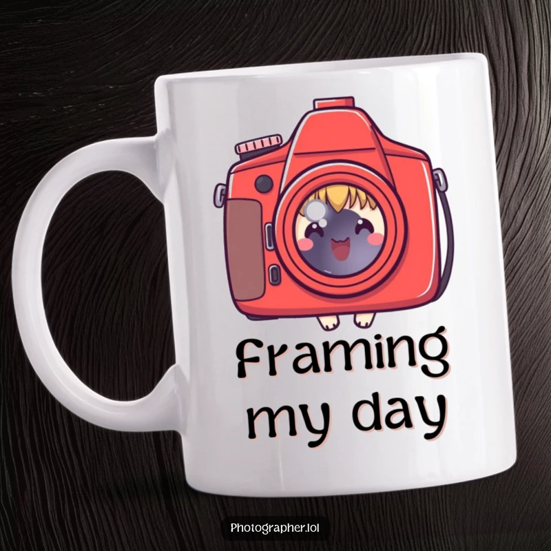 Funny mug with a cute character peeking behind a large red camera, celebrating photography and adding humor, a great gift.