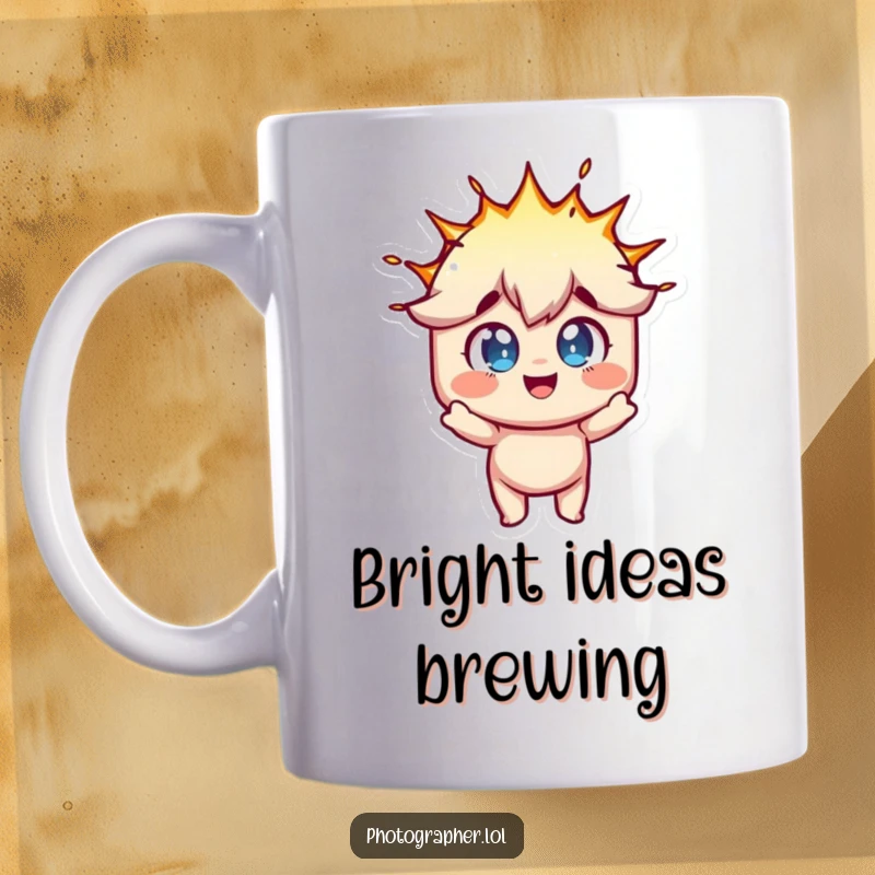 Funny mug featuring a character with wide, joyful eyes reacting to a fun, exploding flash bulb.