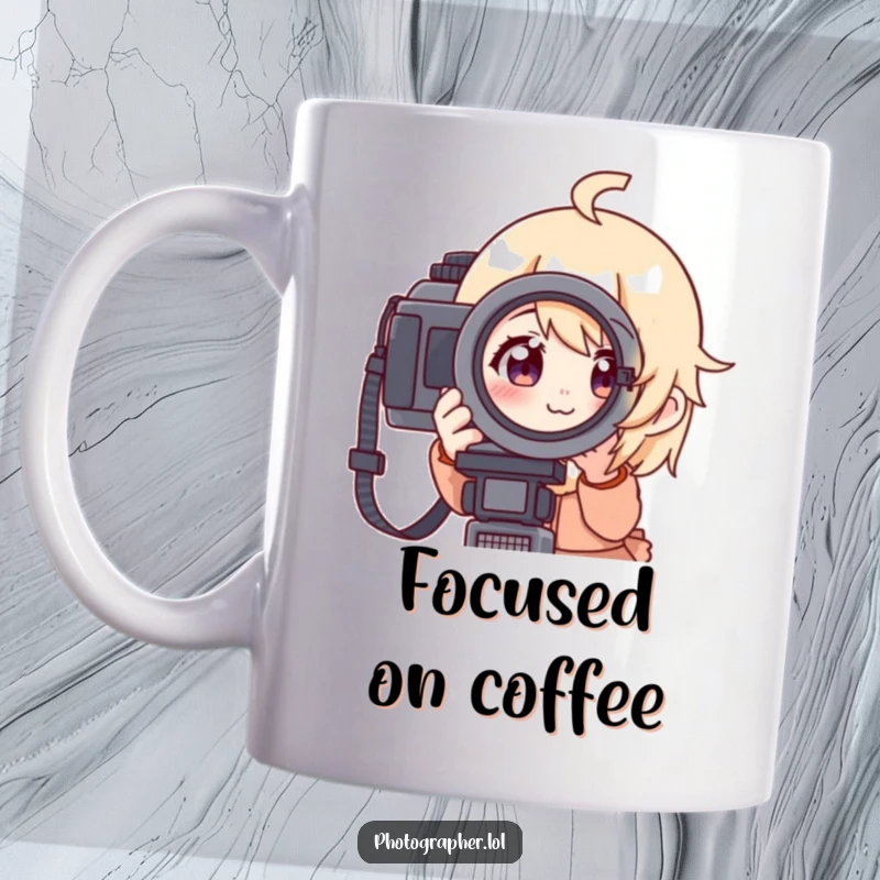 Funny mug featuring a character looking through a camera viewfinder with a focused yet cheerful expression, a great gift for photographers.
