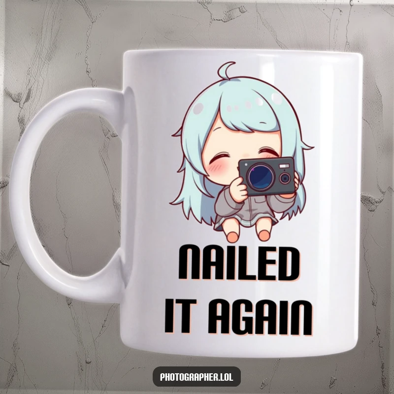 Funny mug showcasing a character gleefully reviewing a photo on their camera screen, giggling with photogenic delight.