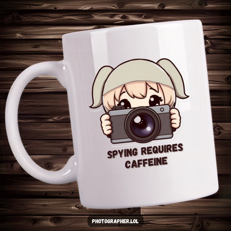 Funny mug featuring a shy character peeking from behind a camera with wide, curious eyes, perfect for photography lovers.