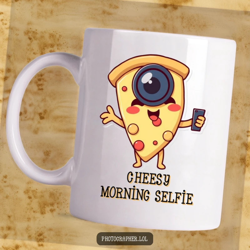 Funny mug showcasing a slice of pizza wearing a camera lens, humorously taking its own selfie with a cheesy grin.