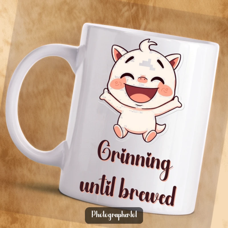 Funny mug showing a character striking a silly pose with a wide, excited grin, ideal for anyone who loves to have fun.