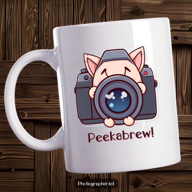 Funny mug showing a character with a mischievous grin peeking from behind a large camera lens, ideal for photographers.