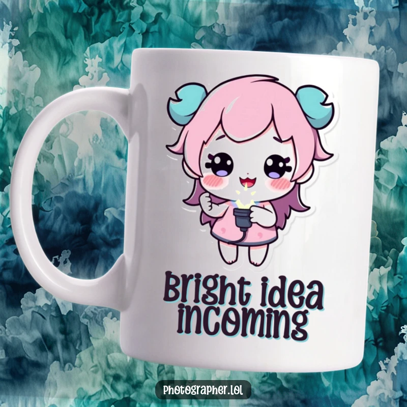 Funny mug with a playful character holding a flash bulb emitting sparkles, representing creativity and bright ideas, a great gift.