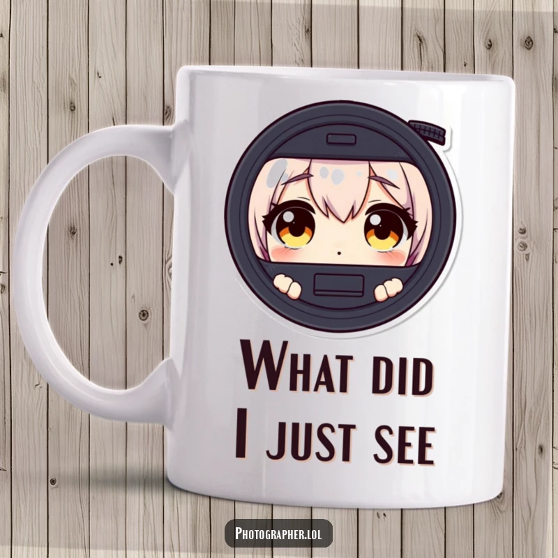 Funny mug with a character's wide, surprised eyes peering through a camera viewfinder, showing photographer amazement.