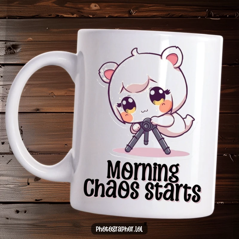 Funny Mug: A tiny character with huge eyes comically tumbles head over heels while entangled with a camera tripod.