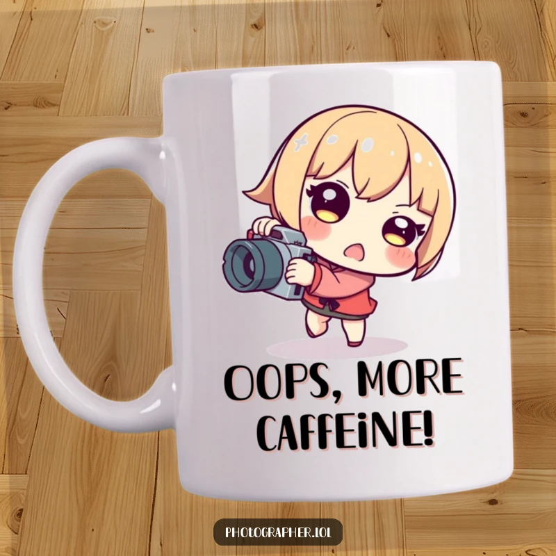 Funny tripping photographer mug showing a character stumbling while holding a camera, with a surprised and playful facial expression.