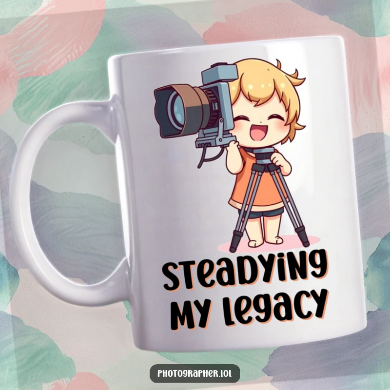 Funny mug of a happy character giggling while adjusting a large vintage camera tripod, celebrating photography humor.