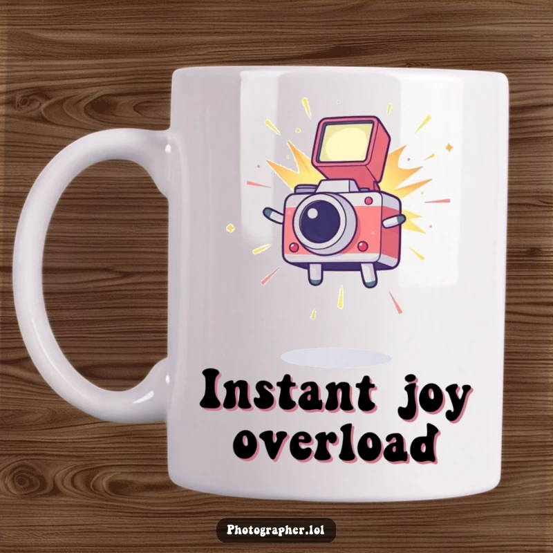 Funny mug showing a cute icon jumping joyfully in the air with a camera flash exploding, symbolizing photographic delight and excitement.