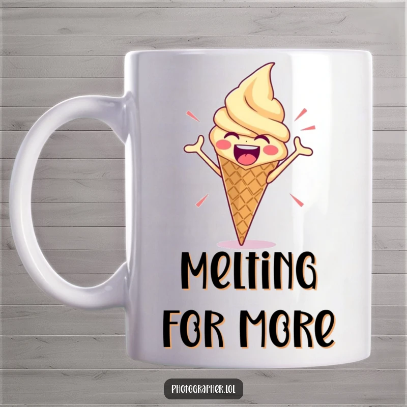 Funny mug showing an ice cream cone striking a dramatic pose with enthusiasm, a whimsical and celebratory depiction of a frozen treat.