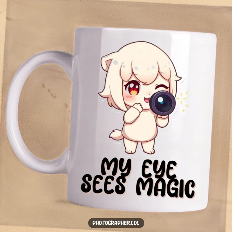 Funny Mug featuring a character winking and pointing a camera with a sparkling light trail, creative photography humor gift.