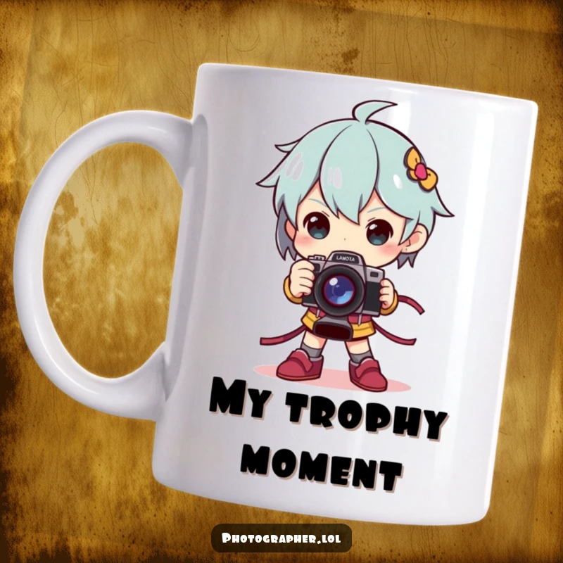 Funny mug showing a character in a dramatic pose holding a camera triumphantly, like a trophy, for photography enthusiasts.