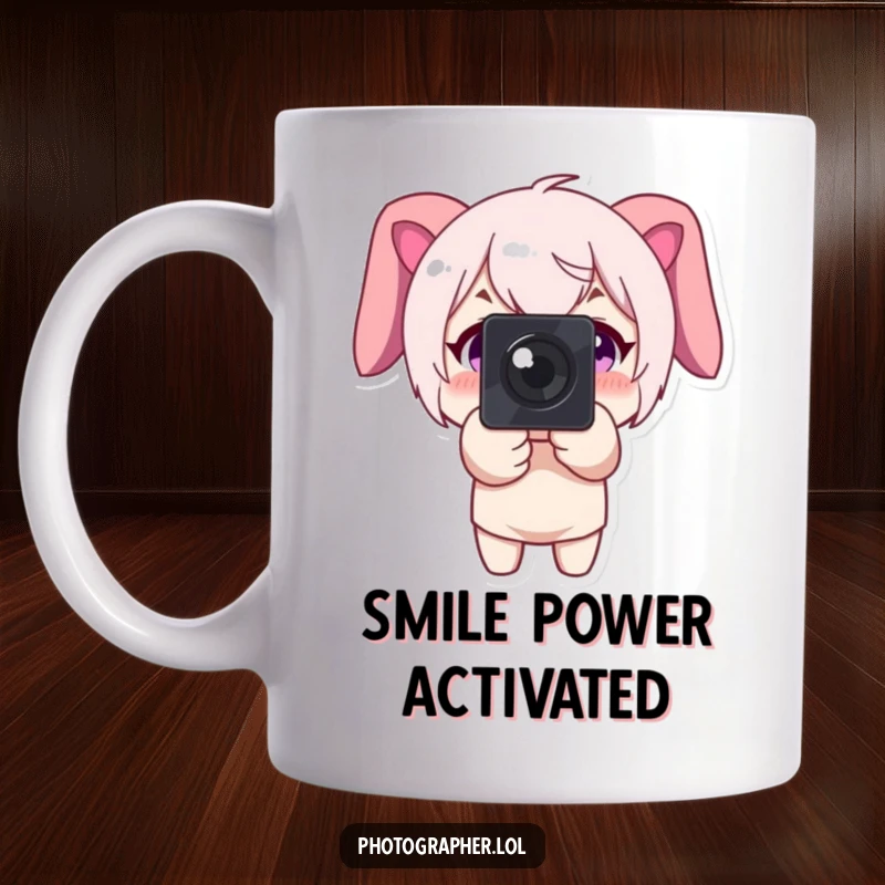 Funny mug showing a character pointing a camera directly forward with a big, joyful smile, ready to capture.