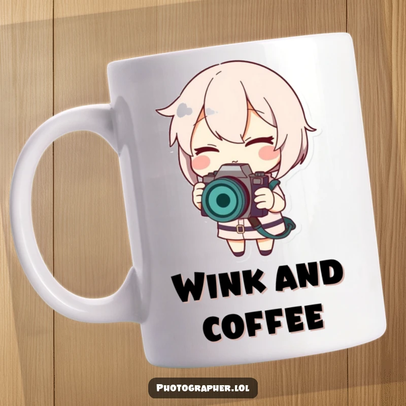 Funny mug with a character winking and smiling while adjusting a camera strap, a playful gift for photographers.