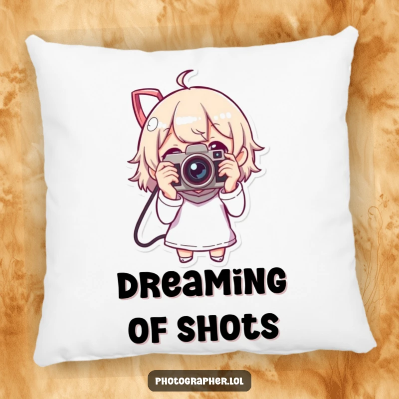 Funny pillow featuring a character enthusiastically taking a picture with a classic vintage camera, perfect for cozy decor.