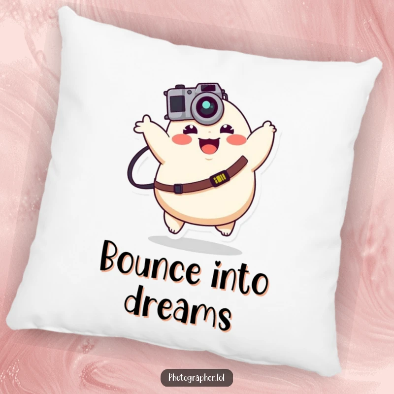Funny plump character joyfully bouncing with a camera strap, a soft and humorous decorative pillow.