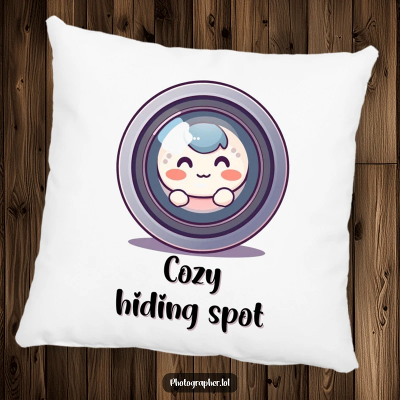 Funny blushing character peeking from behind a camera lens, a soft and humorous decorative pillow.