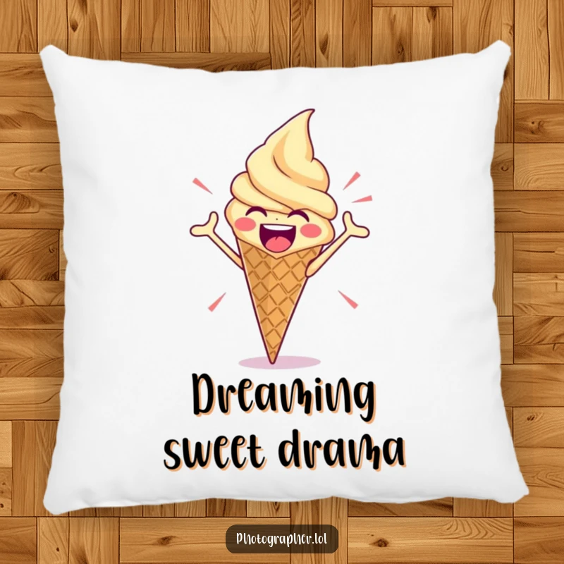 Funny pillow with an enthusiastic ice cream cone striking a dramatic pose, offering a blend of comfort and sweet, humorous flair.