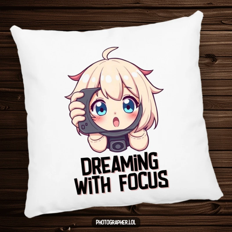 Funny pillow of a character excitedly framing a shot, peeking through a viewfinder with wide eyes, humorous decor.