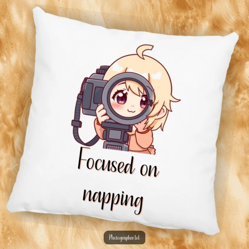 Funny pillow featuring a character looking through a camera viewfinder with a focused and cheerful expression, a comfortable and humorous decor item.