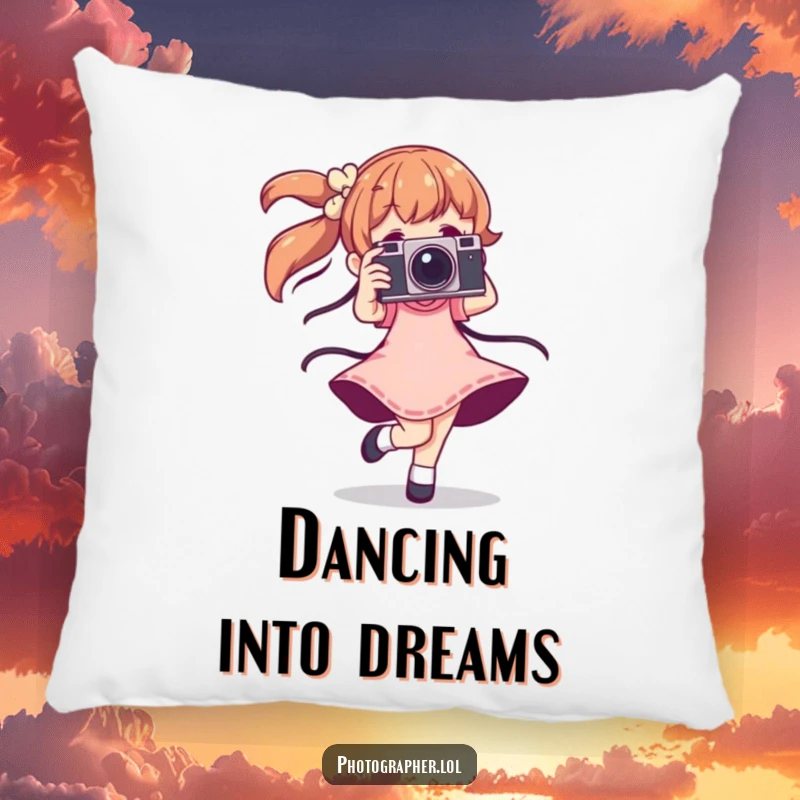 Funny dancing photographer pillow with a character twirling joyfully with a vintage camera, adding a humorous and artistic touch.