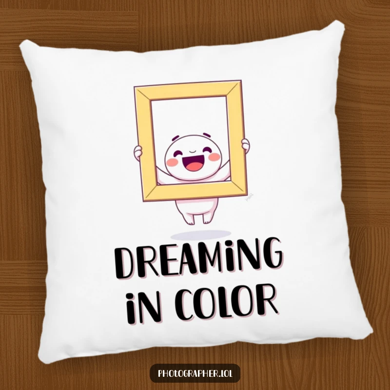 Funny Pillow: A joyous kawaii character proudly holds a huge, colorful photo frame, perfect for adding comfort and humor.