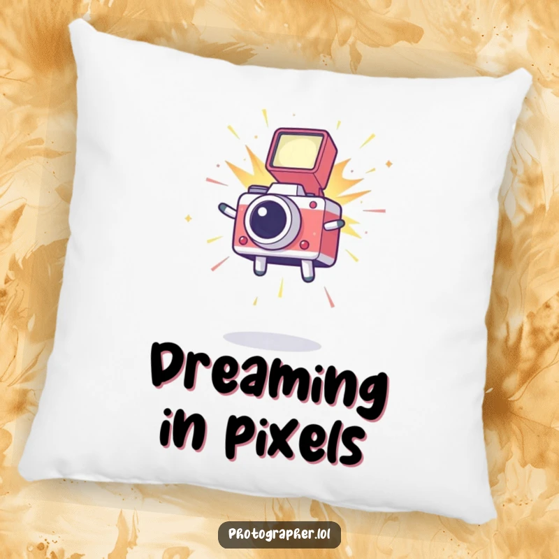 Funny throw pillow with a cute icon in mid-air, a camera flash erupting, conveying the exhilaration of photography in a soft design.