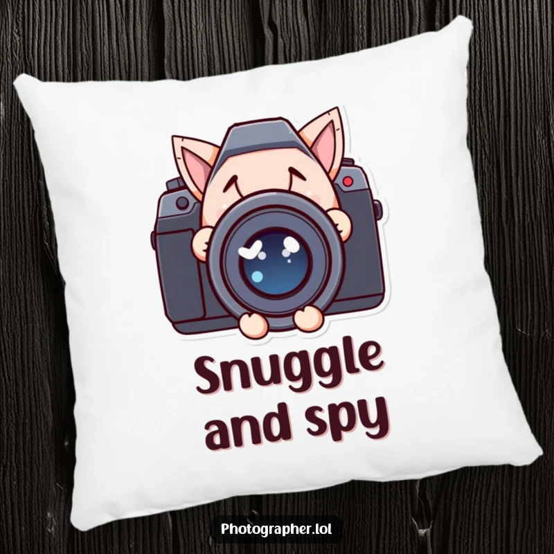Funny pillow featuring a character with a sly, mischievous grin peeking from behind a large camera lens.