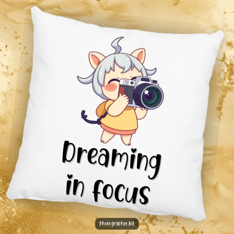 Funny Pillow with a cute character joyfully holding a large camera and flash, perfect for adding charm to any room.