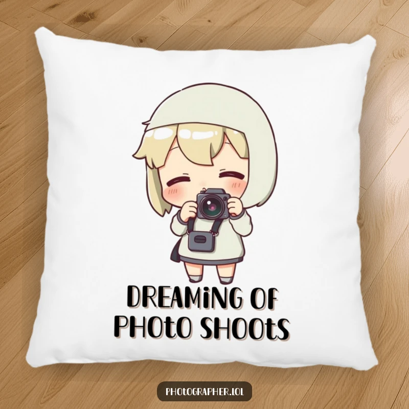 Funny pillow design of a character adjusting a camera strap with an excited smile, perfect for photography corners.