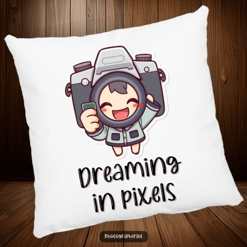 Funny pillow featuring a character joyfully pressing a camera shutter, adding a touch of photographic humor to home decor.