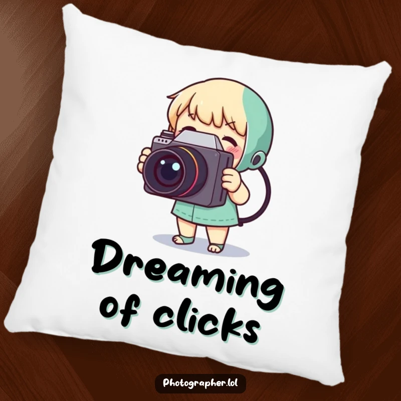 Funny pillow with a plush design of a tiny character gleefully photographing with a large, classic camera.
