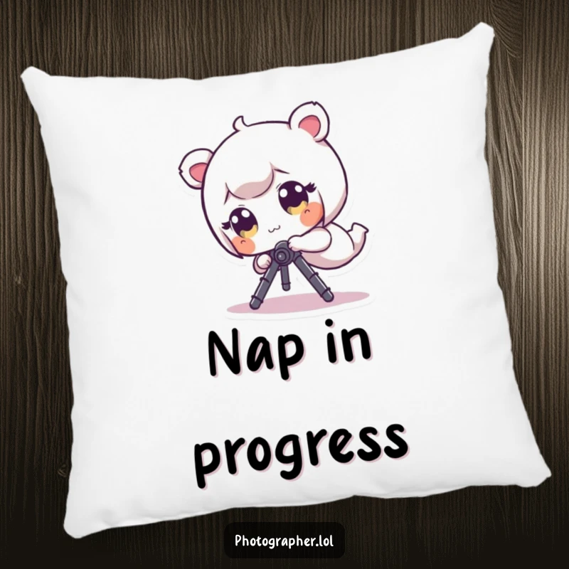 Funny Pillow: A small character with big eyes comically trips and tumbles while tangled with a camera tripod.