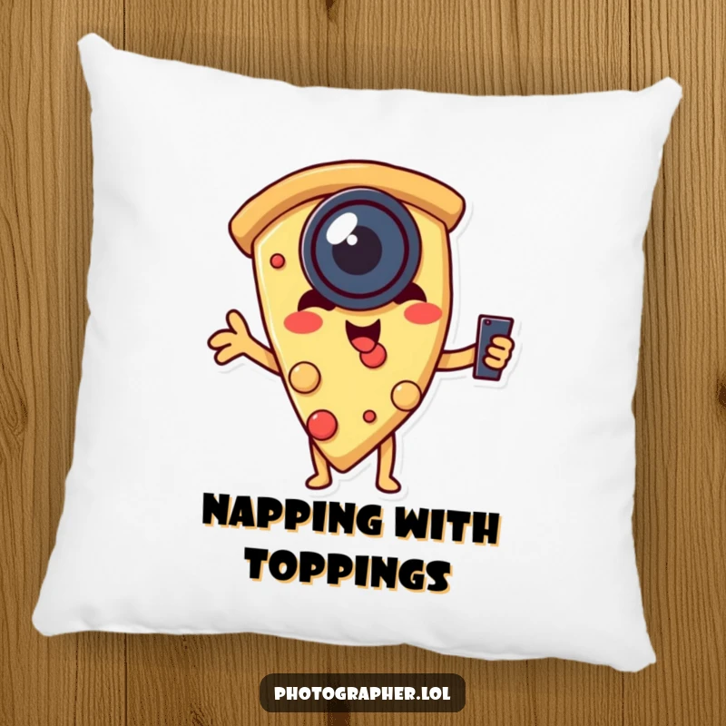 Funny pillow depicting a pizza slice comically taking a selfie, adding a touch of cheesy humor and comfort to any room.