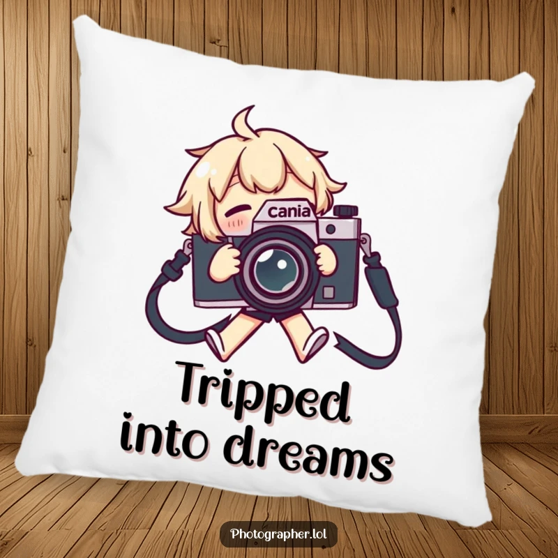 Funny pillow featuring a character tripping over a camera strap, flailing arms and legs, soft and decorative.