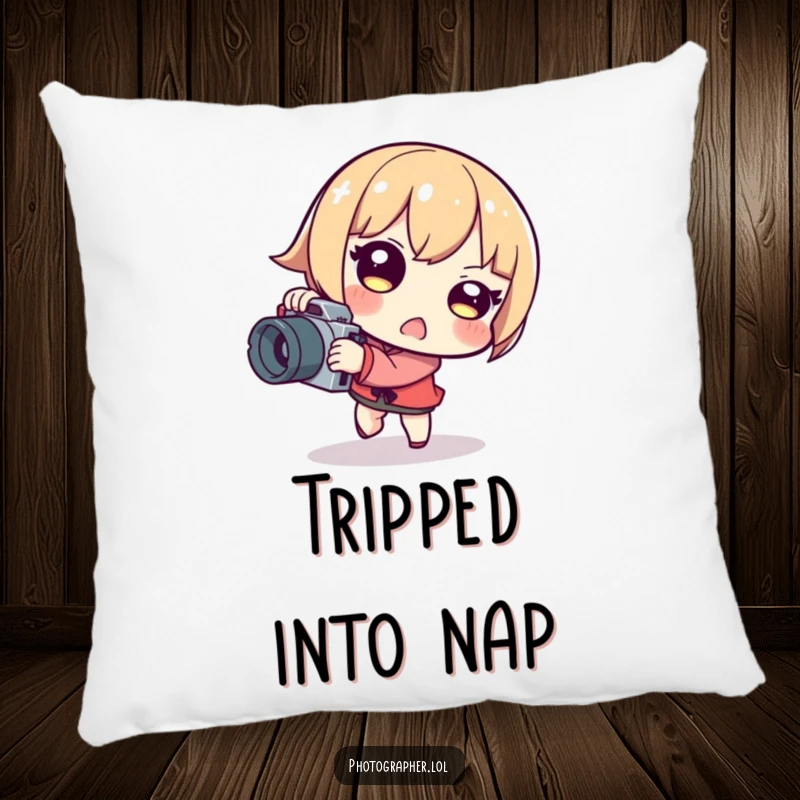 Funny tripping photographer pillow with a character stumbling while holding a camera, adding a humorous and comforting touch.