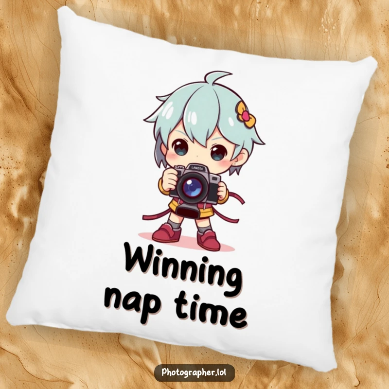 Funny pillow design showing a character striking a dramatic pose, holding a camera as if it were a trophy.