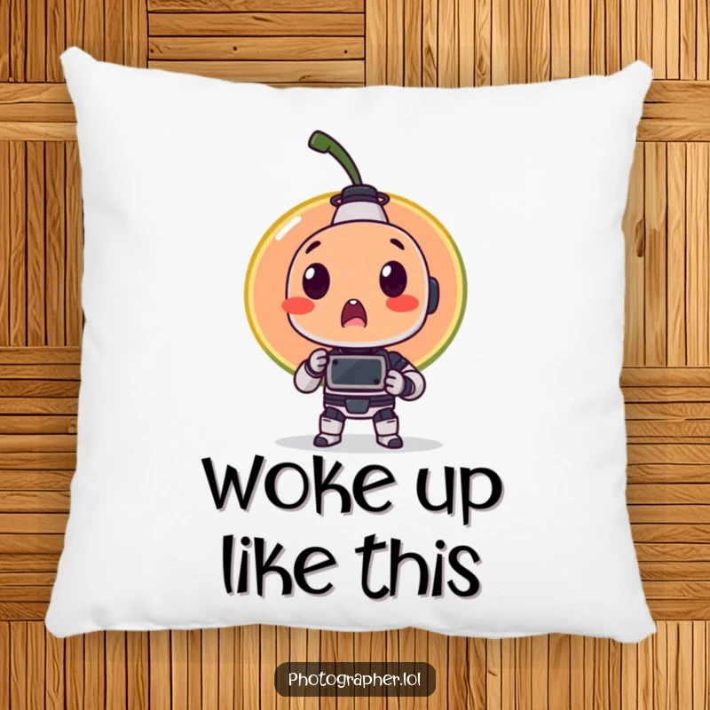 Funny pillow with a surprised fruit item being photographed by a tiny robot, offering a blend of comfort and humorous charm.