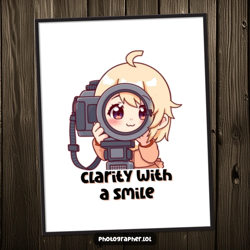 Funny digital art print of a character looking through a camera viewfinder with a focused yet cheerful expression, offering instant decor for photo lovers.