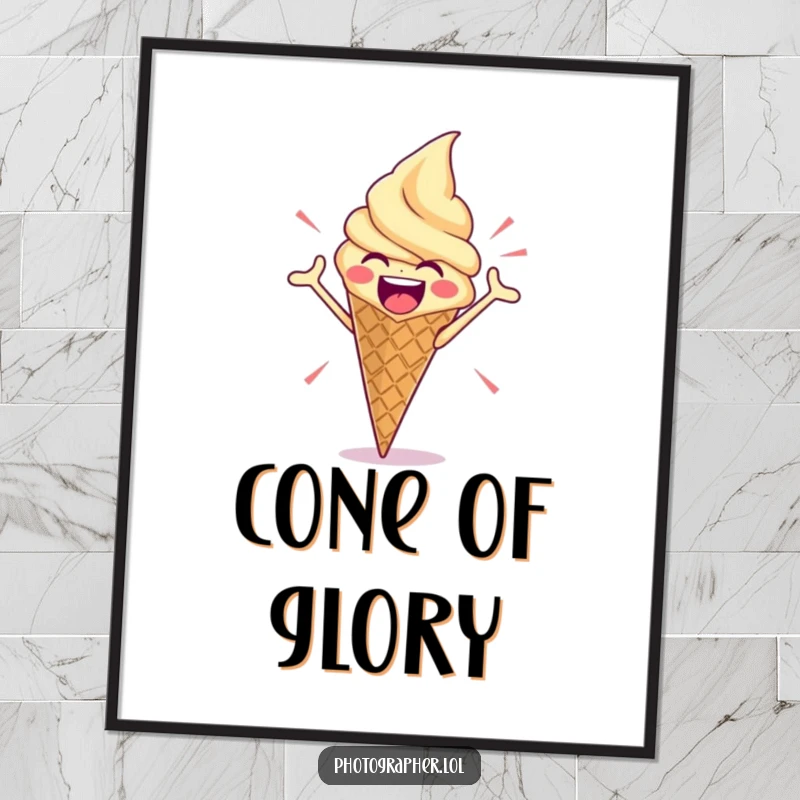 Funny digital art print of an enthusiastic ice cream cone striking a dramatic pose, a whimsical and humorous addition to any space.