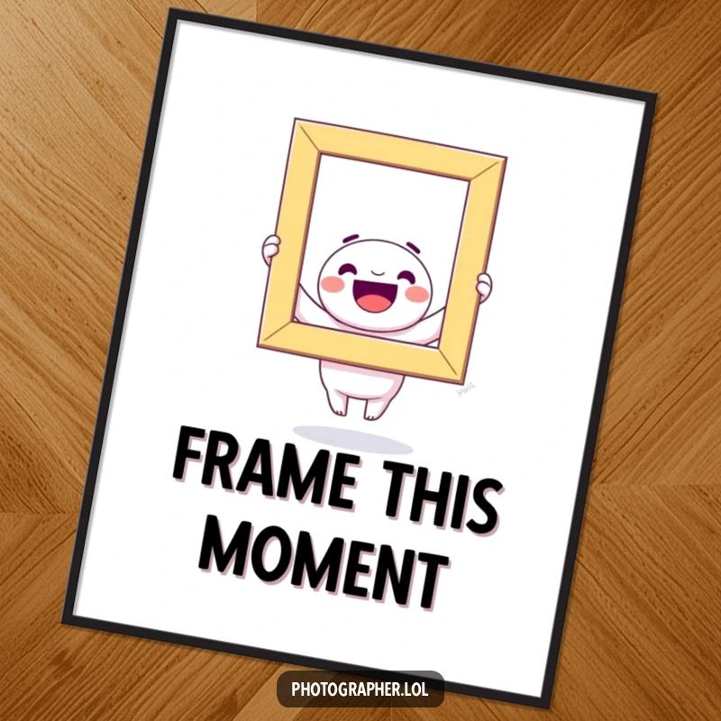 Funny Digital Art Print: A happy kawaii character beams, holding a large, colorful photo frame, ready to be displayed.
