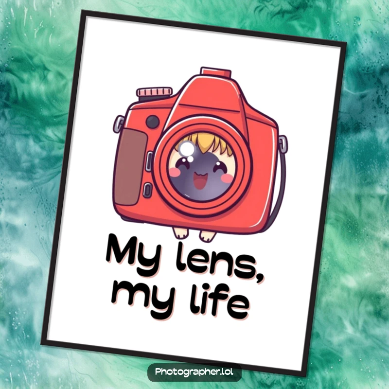 Funny digital art print of a character peeking behind a red camera, perfect for photo decor, a great funny gift.