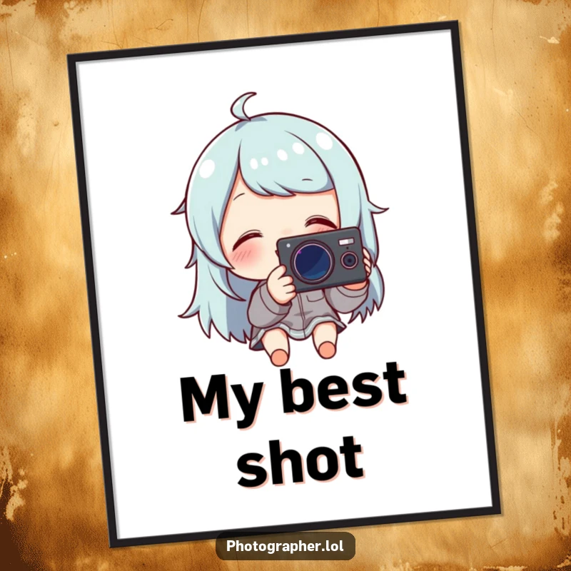 Funny digital art print of a character giggling while reviewing a photo on their camera, perfect wall decor.