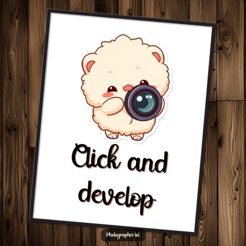 Funny fluffy photographer digital art print, cheerful character happily snapping a camera, lens cap flying off.