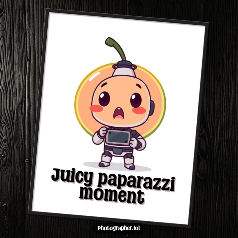 Funny digital art print of a surprised fruit item being photographed by a tiny robot, a whimsical and humorous addition to any space.
