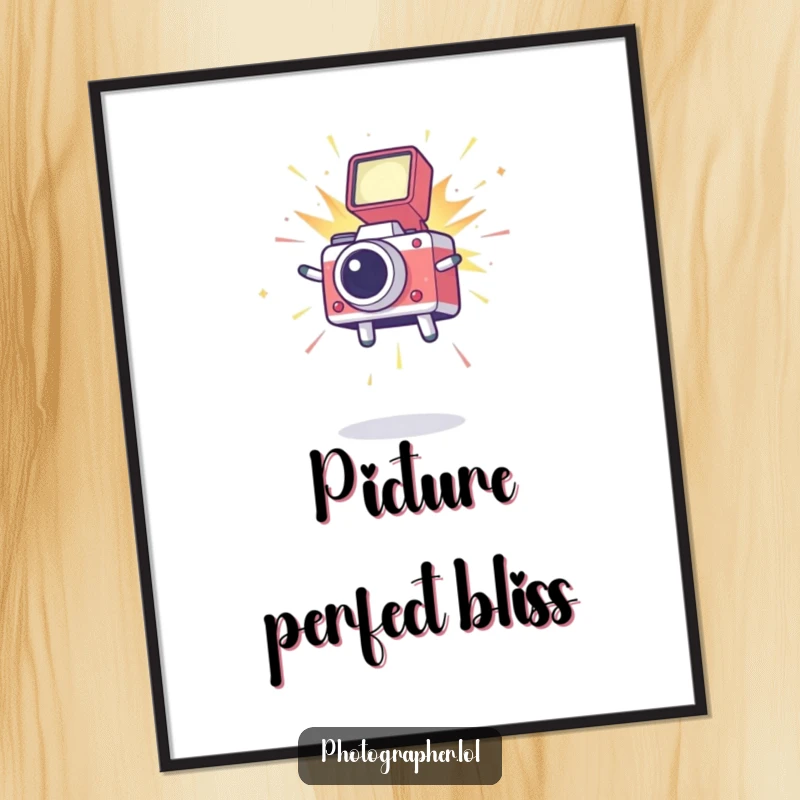 Funny digital art print showing a cute icon in mid-air with a bursting camera flash, symbolizing the joy and excitement of photography.