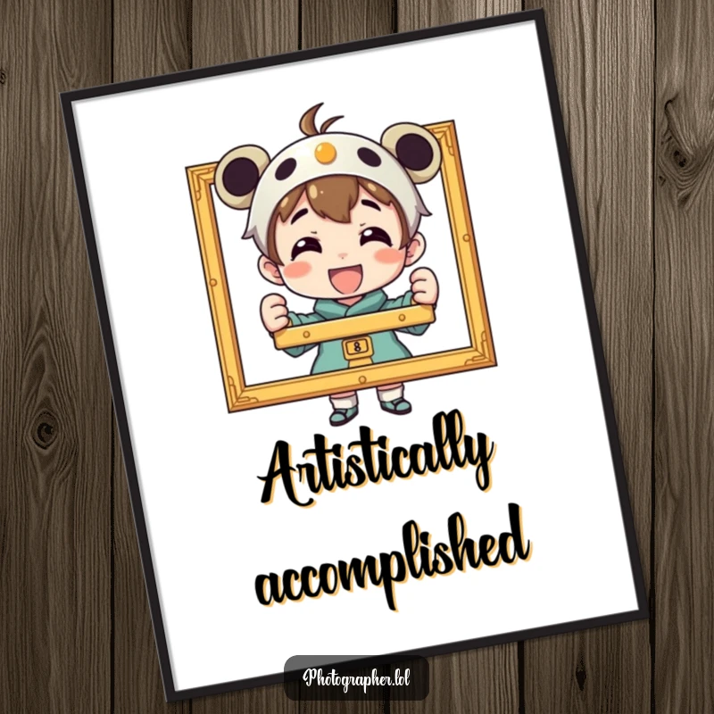 Funny digital art print of a proud character beaming while holding a framed photograph, celebrating artistic achievement and photographic skill.